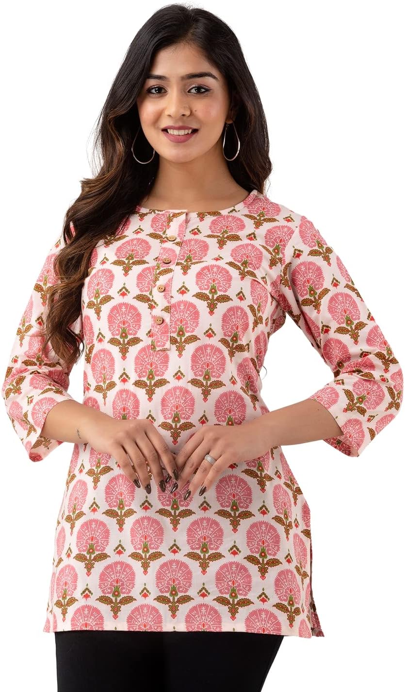 feranoid Women Cotton Printed Straight Short Kurti (White)