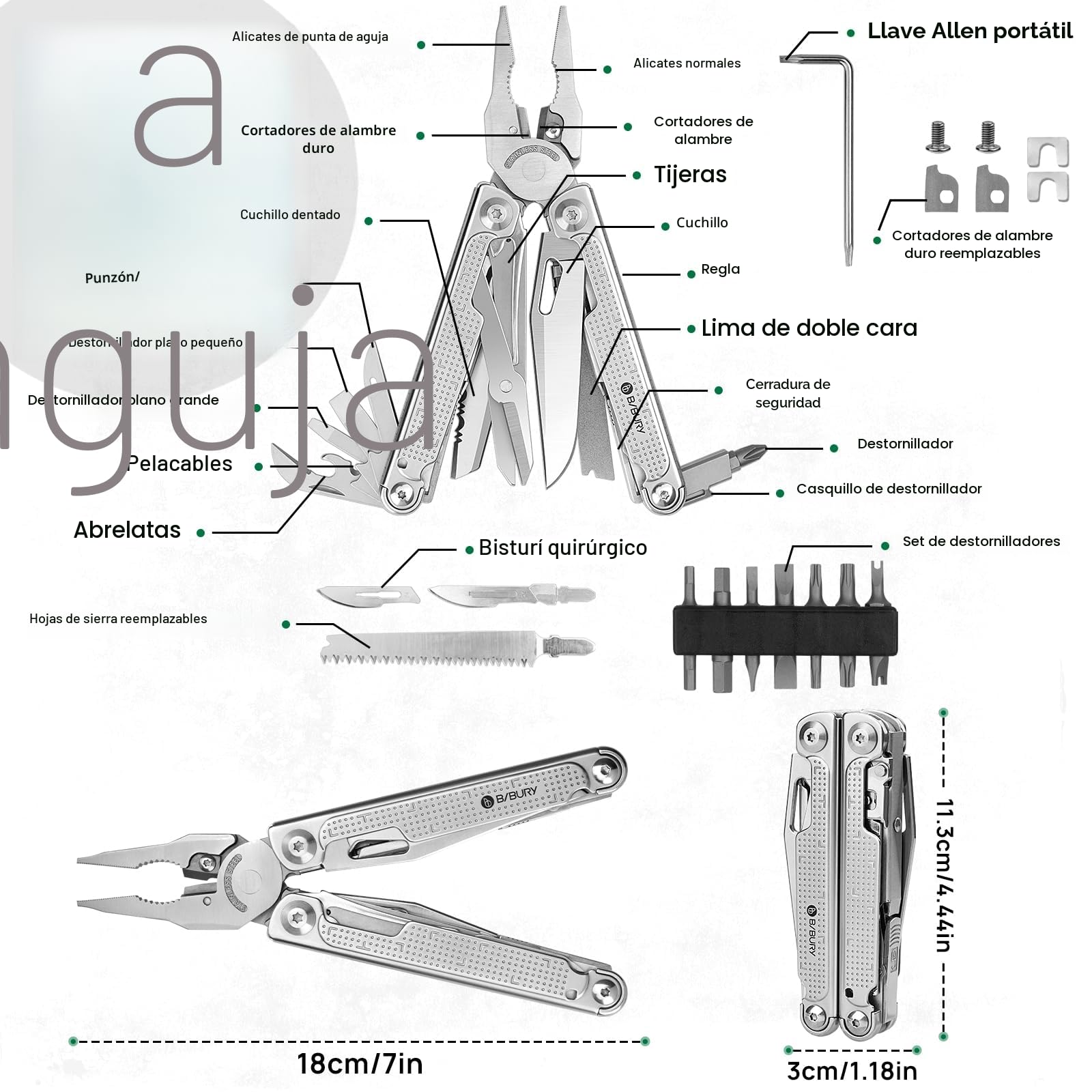BIBURY Multiherramientas, alicates plegables con hoja de sierra mejorada y bisturí,regalo para hombres,Navaja Multiusos de Acero Inoxidable para la trabajo exterior, camping, reparación - Pro BI2049