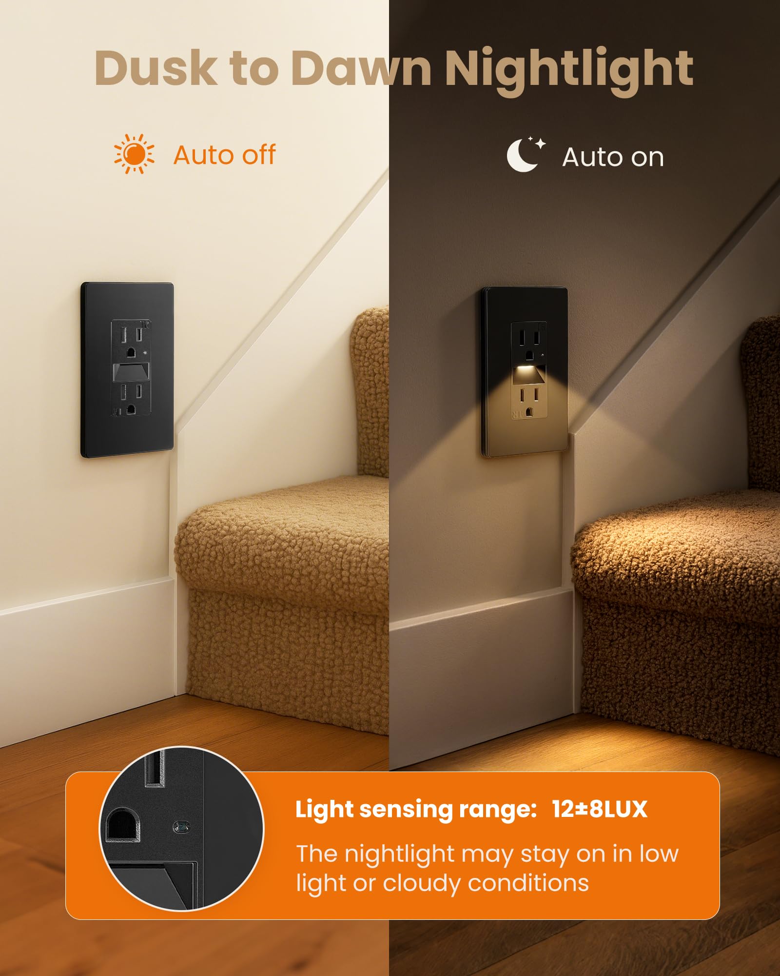 SURAIELEC 15AMP Outlet With Nightlight – Dusk To Dawn LED Guide Light, Tamper Resistant, ETL Listed, Screwless Wall Plate, 5 Pack