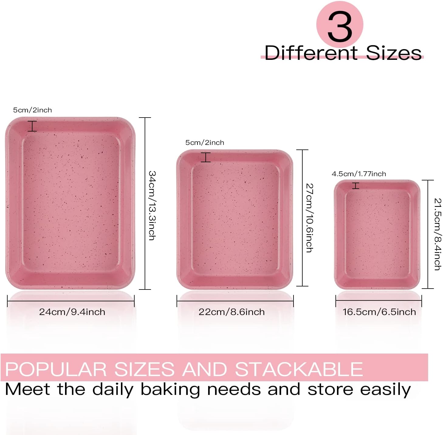 Baking Sheet Pan set,Bakeware Sets Oven Safe Baking Set Cookie Sheets for Oven,Heavy Duty Cookie Tray Rectangle & Roasting - Nonstick & Easy to Clean,9 Inch,11 Inch,13 Inch (Speckled Pink) image 2
