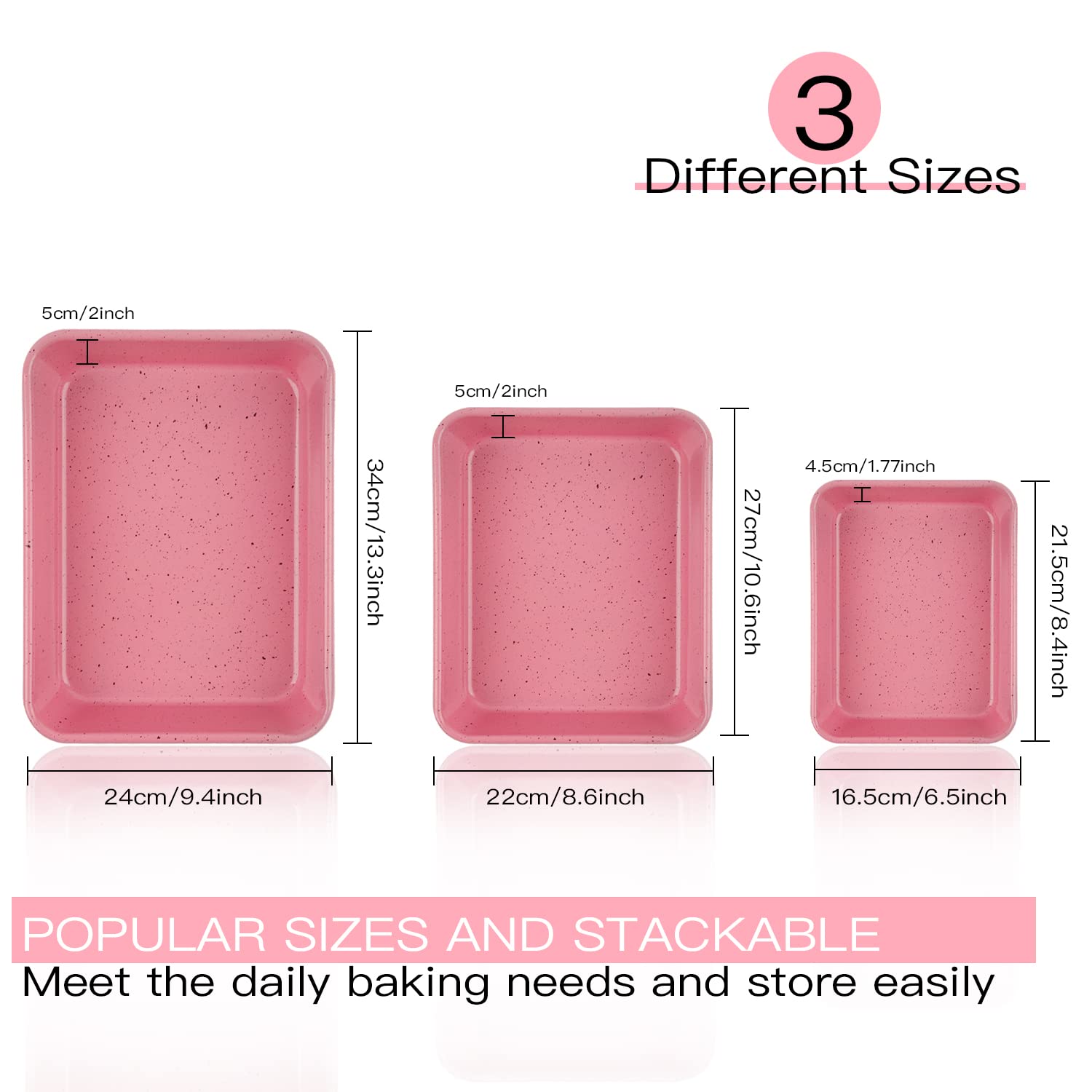 Teglie da forno, confezione da 3 teglie antiaderenti per biscotti per brownie, teglie per pane resistenti, rettangolari e arrosti, antiaderenti e facili da pulire, 20 cm, 30 cm, 33 pollici (rosa)
