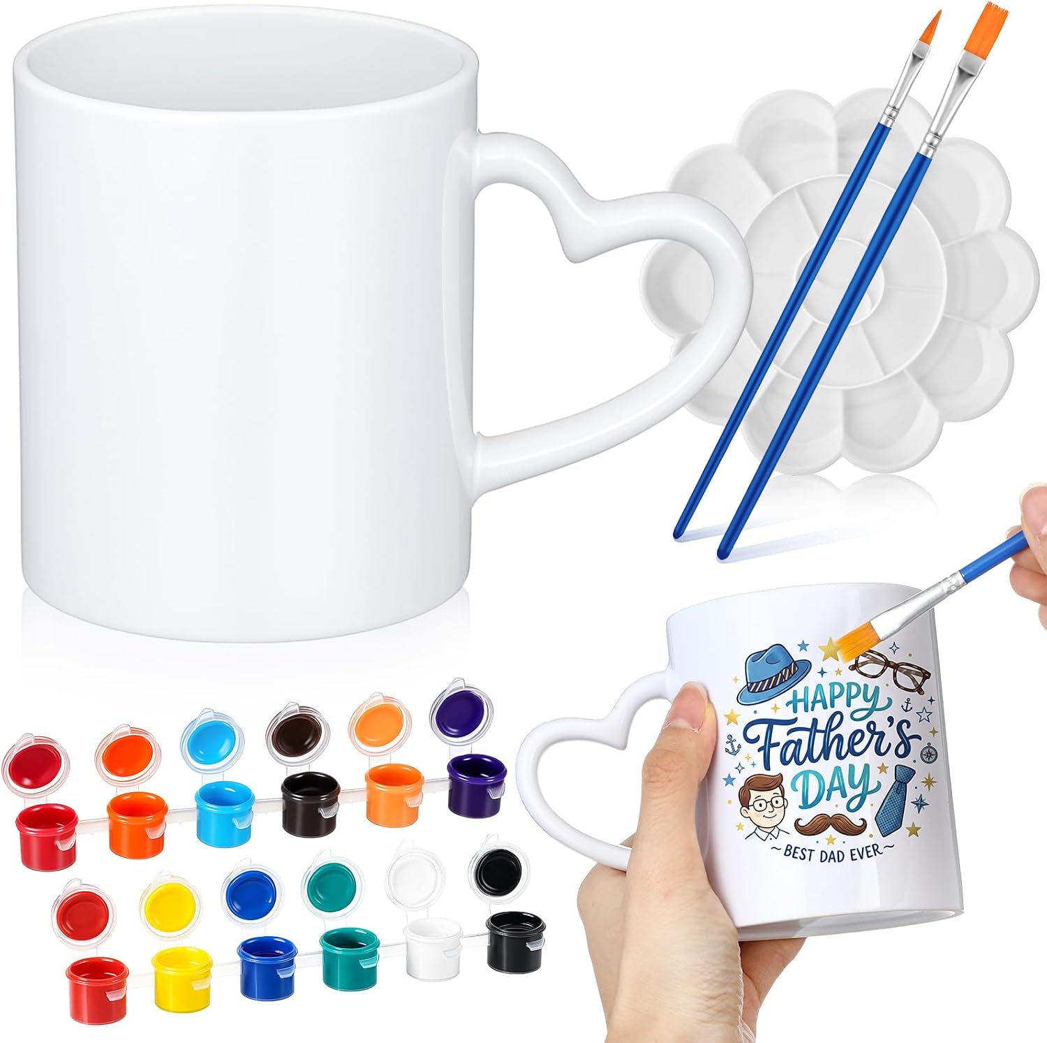 Soulchen 7 Pcs Paint Your Own Mug Kit DIY Mug Painting Kit Include 2 Paintable Mugs 2 Paintbrush 2 Acrylic Paints 12 Color and 1 Palette Tray Coffee Cup Decorating Set Craft Project (Heart)