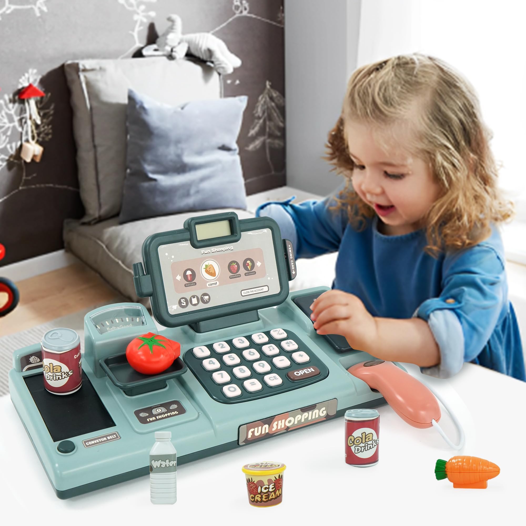 Caja Registradora Juguetes, Comida Juguetes con Calculadora Micrófono, Sonido, Comida, Calculadora, Escáner, Cesta, Tienda Supermercado Regalo para Niñas Niños 3 + Años, Verde