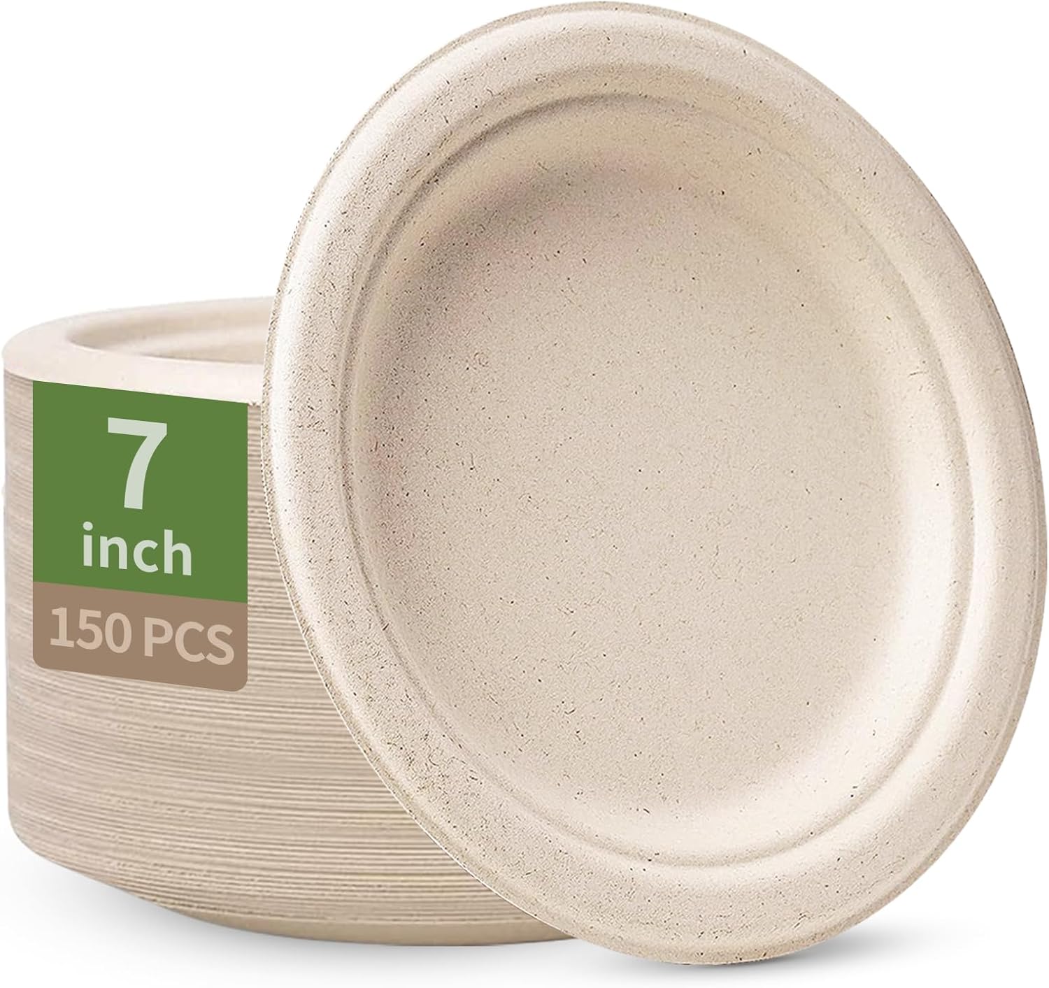 100% Compostable Paper Plates 7 Inch 150 Pcs Disposable Heavy-Duty Plates Eco-Friendly Natural Sugarcane Bagasse Fiber Biodegradable for BBQ,Party,Picnic Etc
