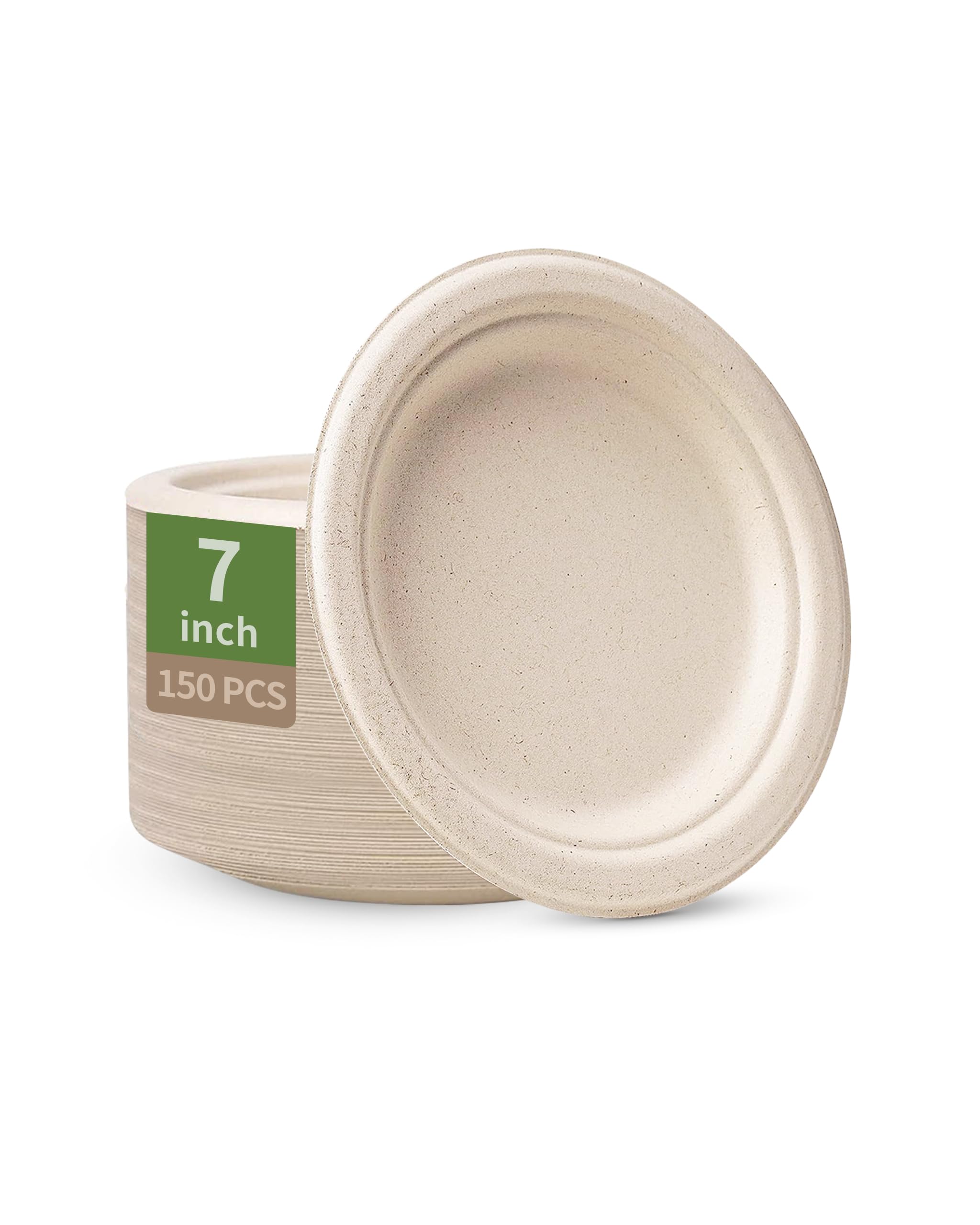 Platos de papel 100% compostables de 7 pulgadas, 150 unidades, desechables, resistentes, ecológicos, fibra de bagazo de caña de azúcar natural, biodegradables para barbacoas, fiestas, picnic,