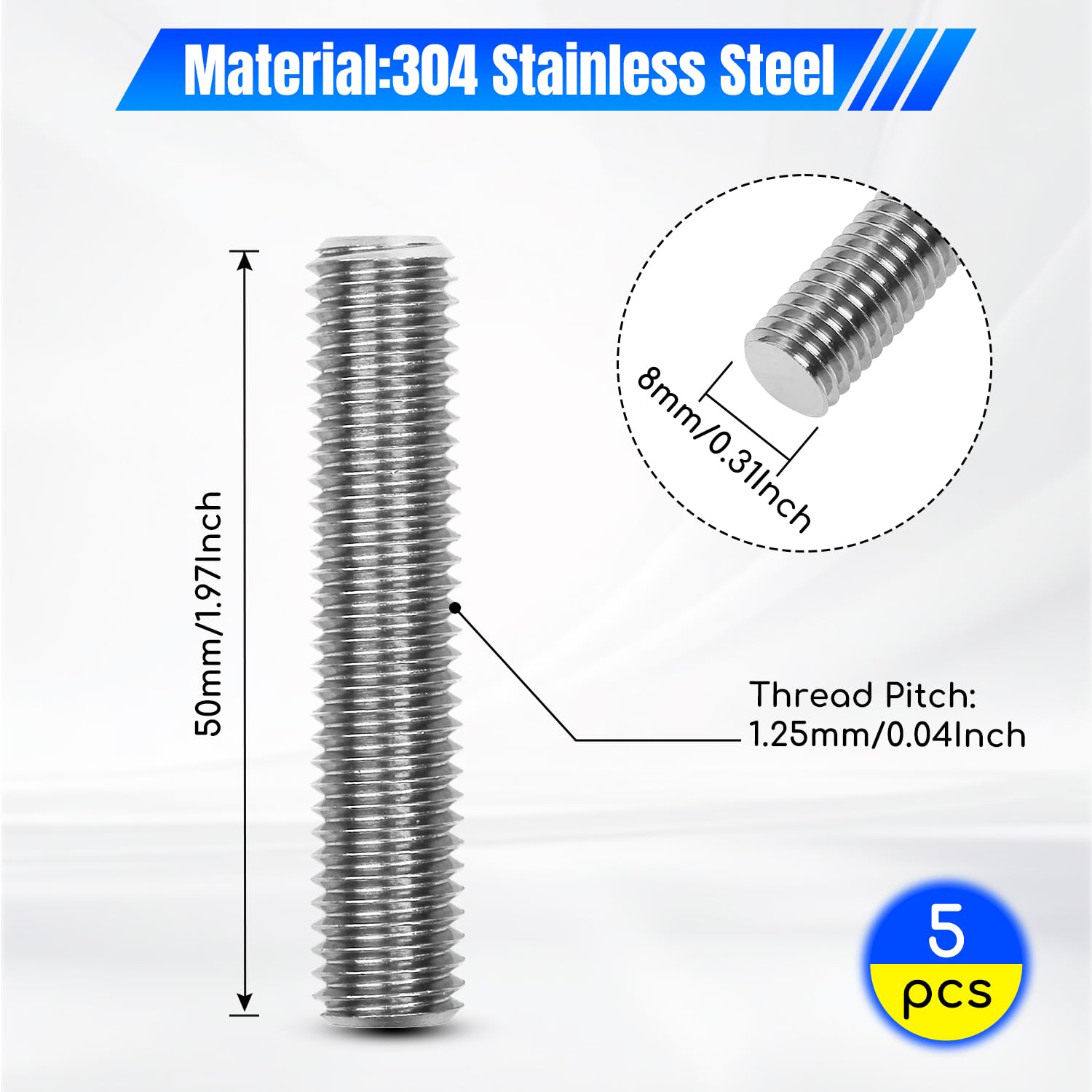M8 x 1.25 x 50mm Fully Threaded Rod, 304 Stainless Steel All Thread Stud, High Strength Corrosion Resistant for Furniture, Machinery, DIY Projects（5 Pack）