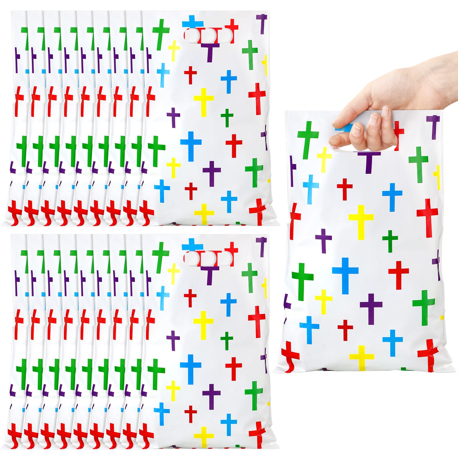 Panelee 100 Pcs Colorful Cross Gift Bags Christian Sunday School Colorful Cross Goody Treat Bags Religious Plastic Bag with Handles Kids Adult Candy Gift Bag for Religious Church Vbs Party Supplies โ image 1