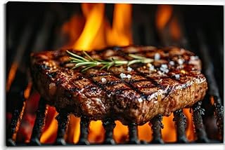 A delicious juicy steak cooking a hot grill flames licking the edges Canvas Wall Art Decor Framed Photo Prints Picture Poster For Bathroom Bedroom Kitchen Living Room Office Artwork Paintings 20x30
