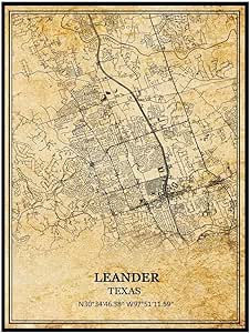Amazon.com - TANOKCRS Leander Texas USA America Vintage Map Poster ...