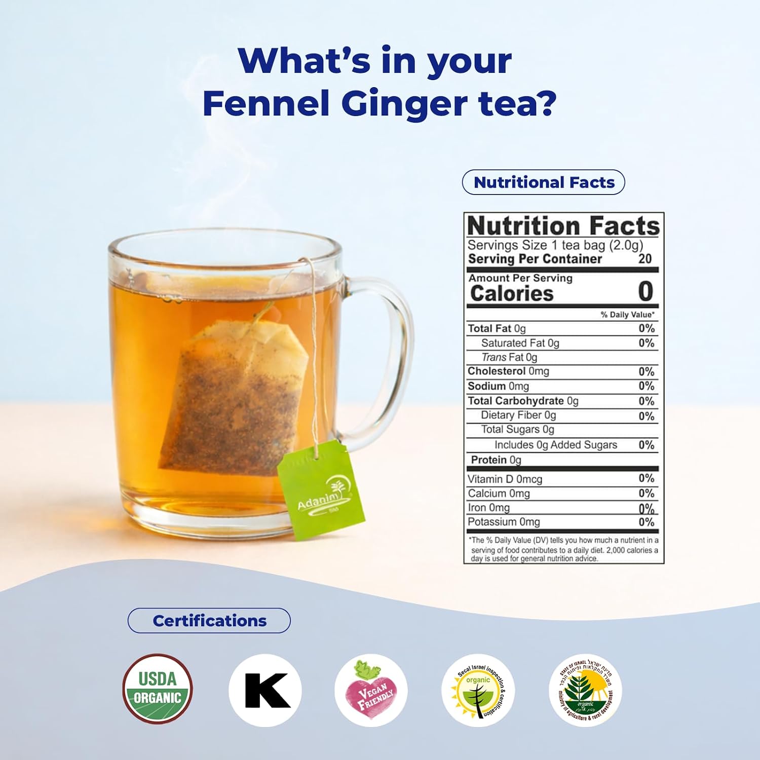 Adanim Bio Organic Fennel Ginger Herbal Tea Caffeine Free 80 Individually Wrapped Tea Bags 20 Count (Pack of 4)