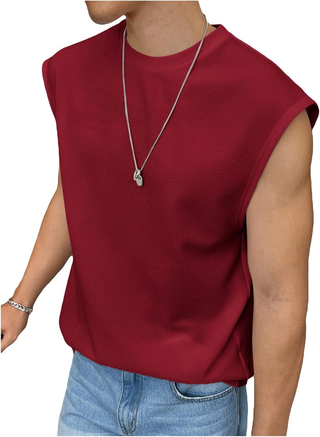 OYOANGLE Men's Letter Textured Sleeveless Muscle Gym T Shirts Crew Neck Tank Tops Workout Athletic Casual Shirts