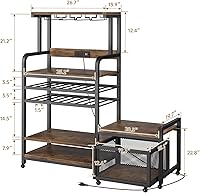 Vista 3 de Mini soporte para refrigerador con toma de corriente, soporte para microondas con estante para vino, barra de café con cestas de almacenamiento