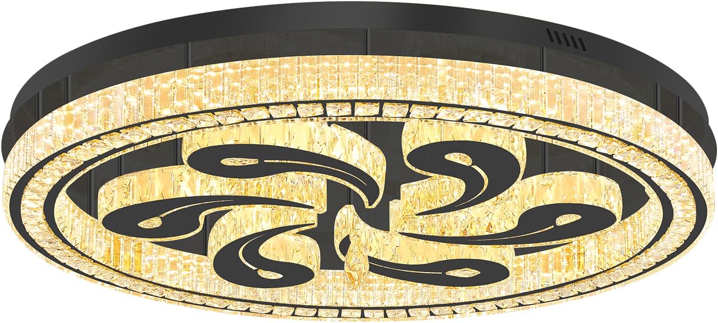 Modern Crystal Chandeliers for Dining Room Flush Mount Ceiling Chandelier for Living Room Dining Room Ring LED Crystal Ceiling Light (Round,40in Black,Dimmable 2700K-6500K)