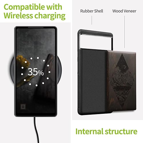 Miniatura 5 de Carveit Funda de madera para Pixel 6a 2022 madera natural y TPU suave negro a prueba de golpes, funda de madera única y elegante compatible con