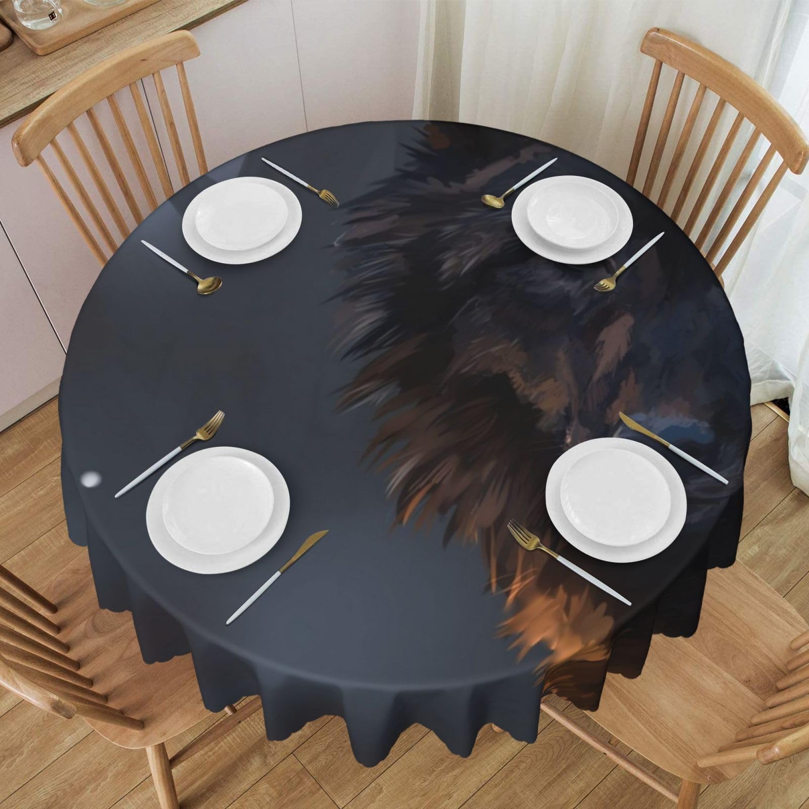 DCEHGEW 60 In Round Tablecloth with Lace, Fantasy Wolf Printed Oilproof & Washable Fabric Picnic Table Cloth Table Covers