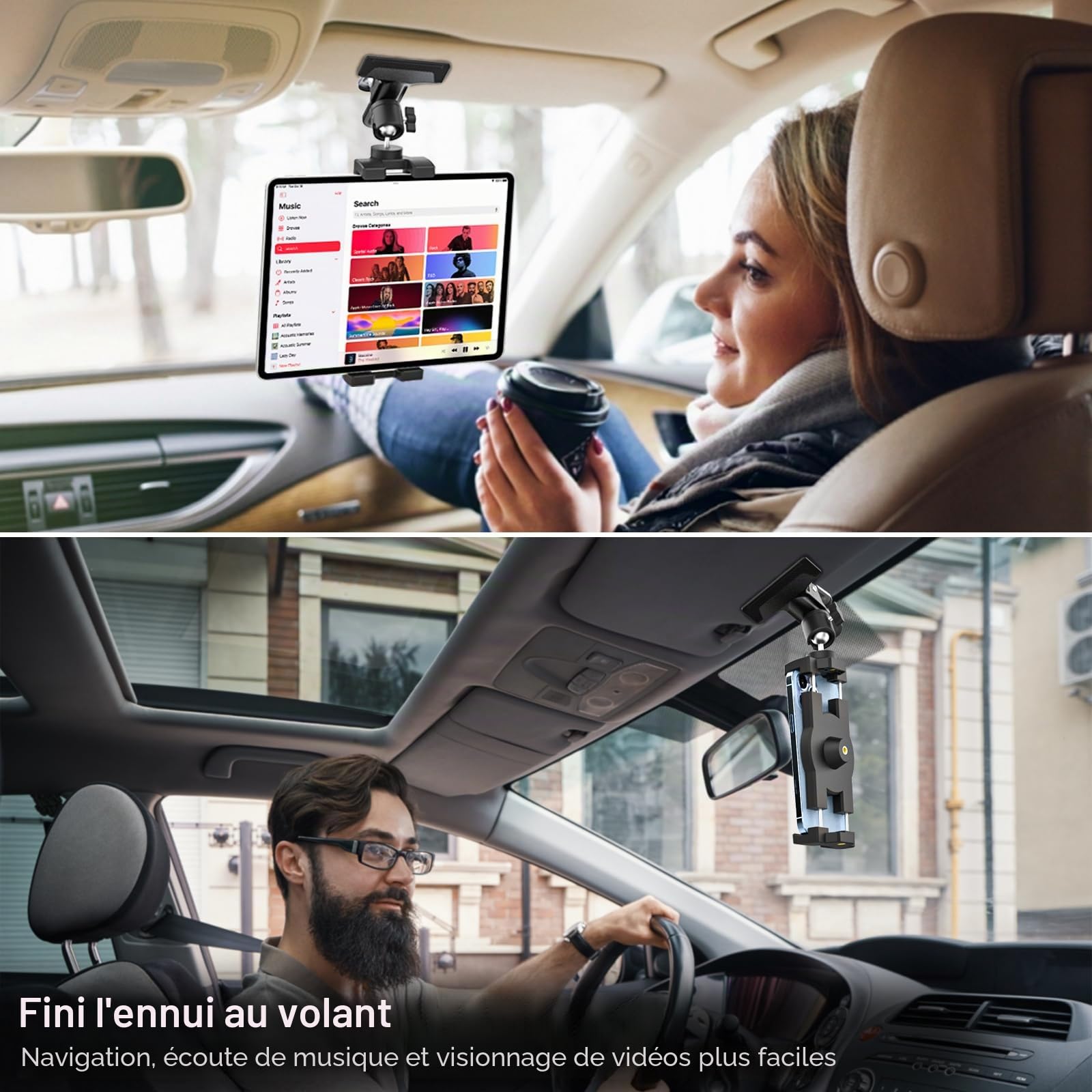 GDZN Support Tablette Voiture Pare Soleil pour 4-13" iPad Téléphone, Solide Support iPad Véhicule Visière avec Pince Métal pour iPad Pro Air Mini, Samsung Tab, Kindle Fire HD, Lenovo, iPhone
