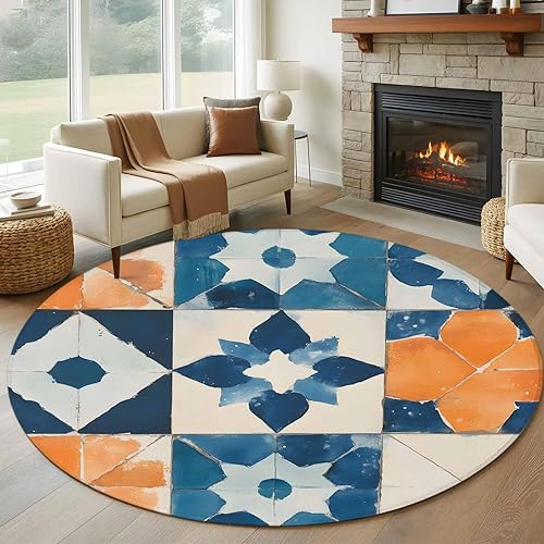 6ft Round Rug, Abstract Blue Non-Skid Rubber Backing Large Area Rugs - Living Room Bedroom Home Office, Orange Color Block Retro Watercolor Boho