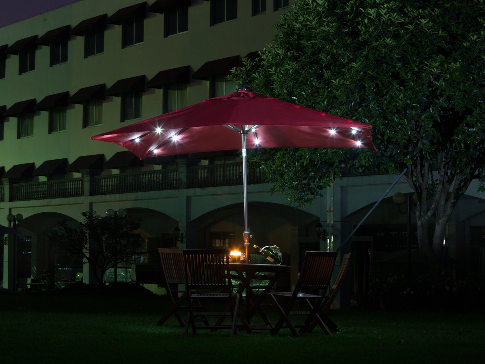 Amazon Com Abba Patio Solar Led 9 X 7 Ft Patio Offset Hanging Umbrella Cantilever Umbrella With Cross Base For Garden Deck Backyard Pool Dark Red Garden Outdoor