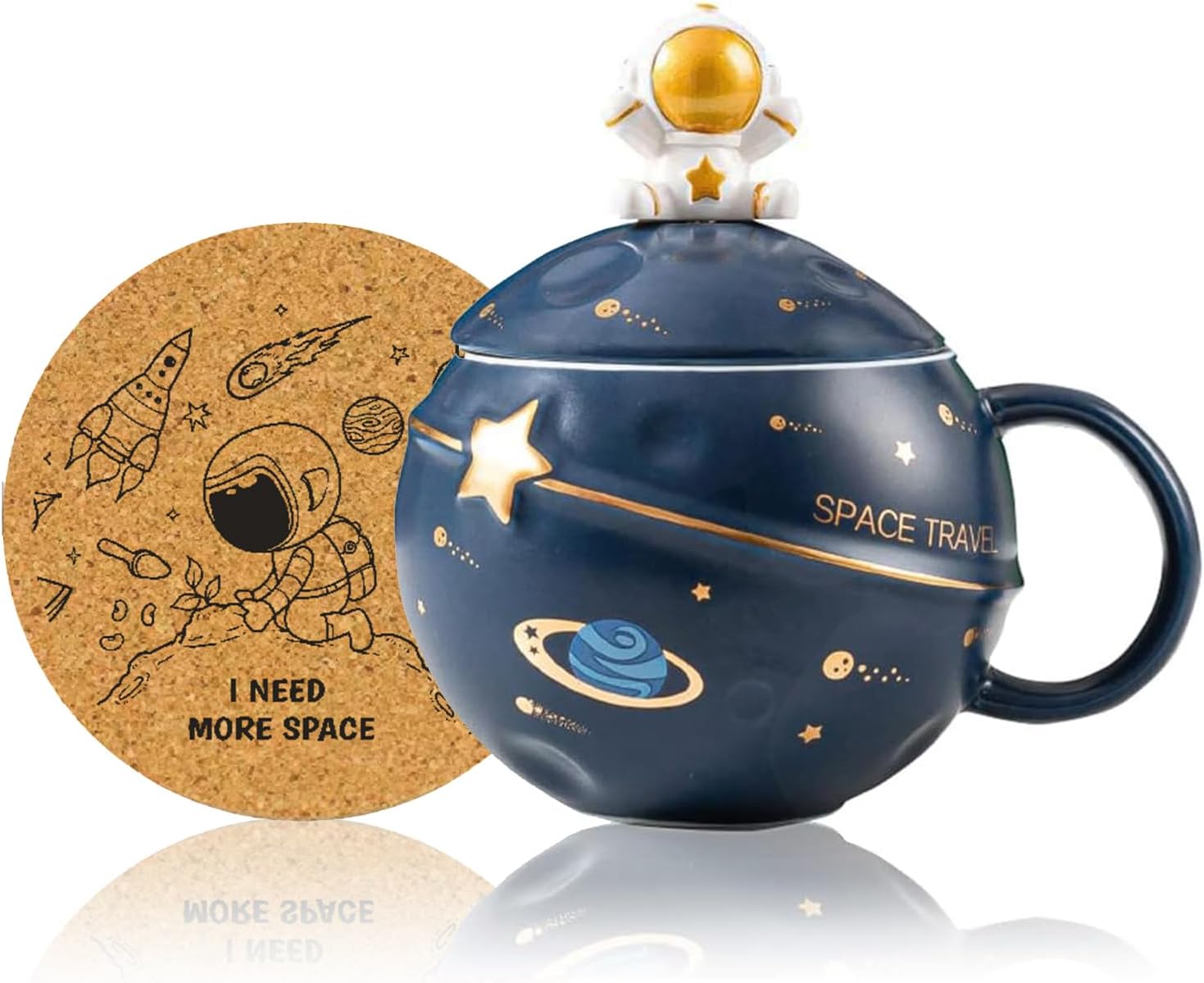 Kawaii Astronaut Cup Space Embossed Planet Mug, Cute Ceramic Coffee Mug, Novelty Mug with Lid and Spoon for Coffee, Tea, Milk, Aesthetic Room Decor Funny Gift Birthday for Girl Boy Women (Dark blue)