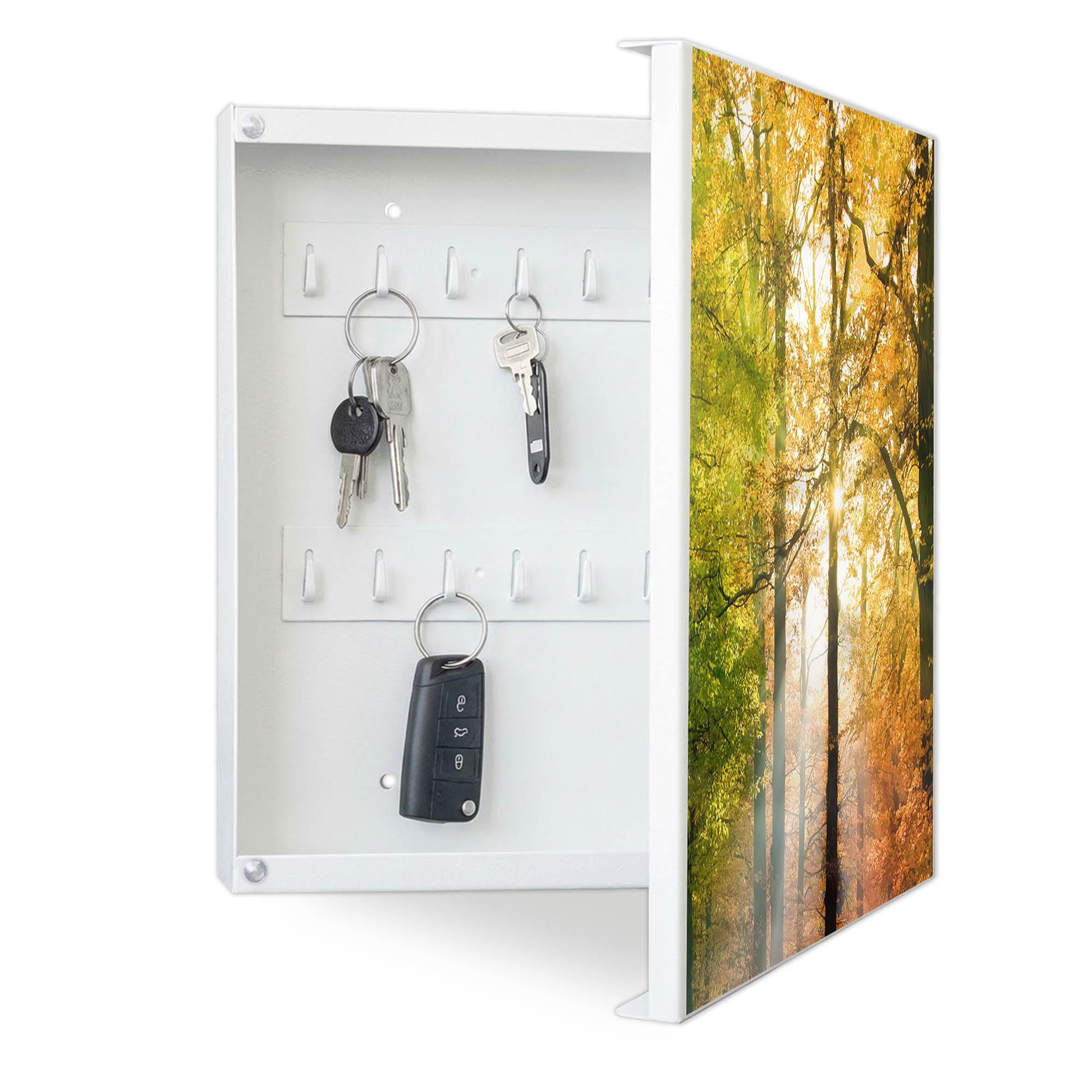 banjado Großer Schlüsselkasten Metall - Schlüsselbox 30x30cm beschreibbarer mit 32 Haken - Schlüsselkasten modern für Schlüsselaufbewahrung - Korpus Weiß Scharnier Rechts - Motiv Herbstwald