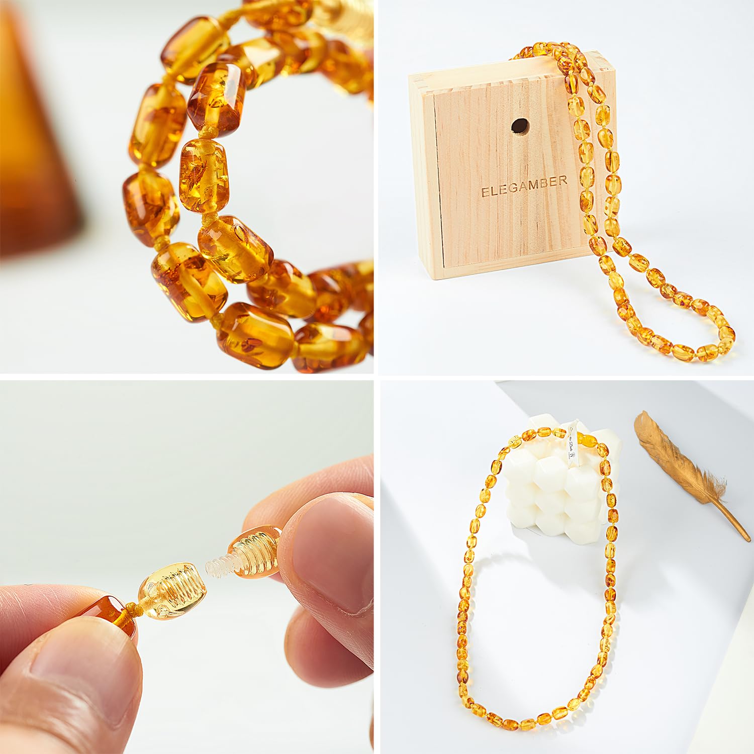 Juego de joyas de ámbar báltico, collar y pulsera, ámbar multicolor en amarillo y marrón (tamaño mediano, coñac, 45 cm)