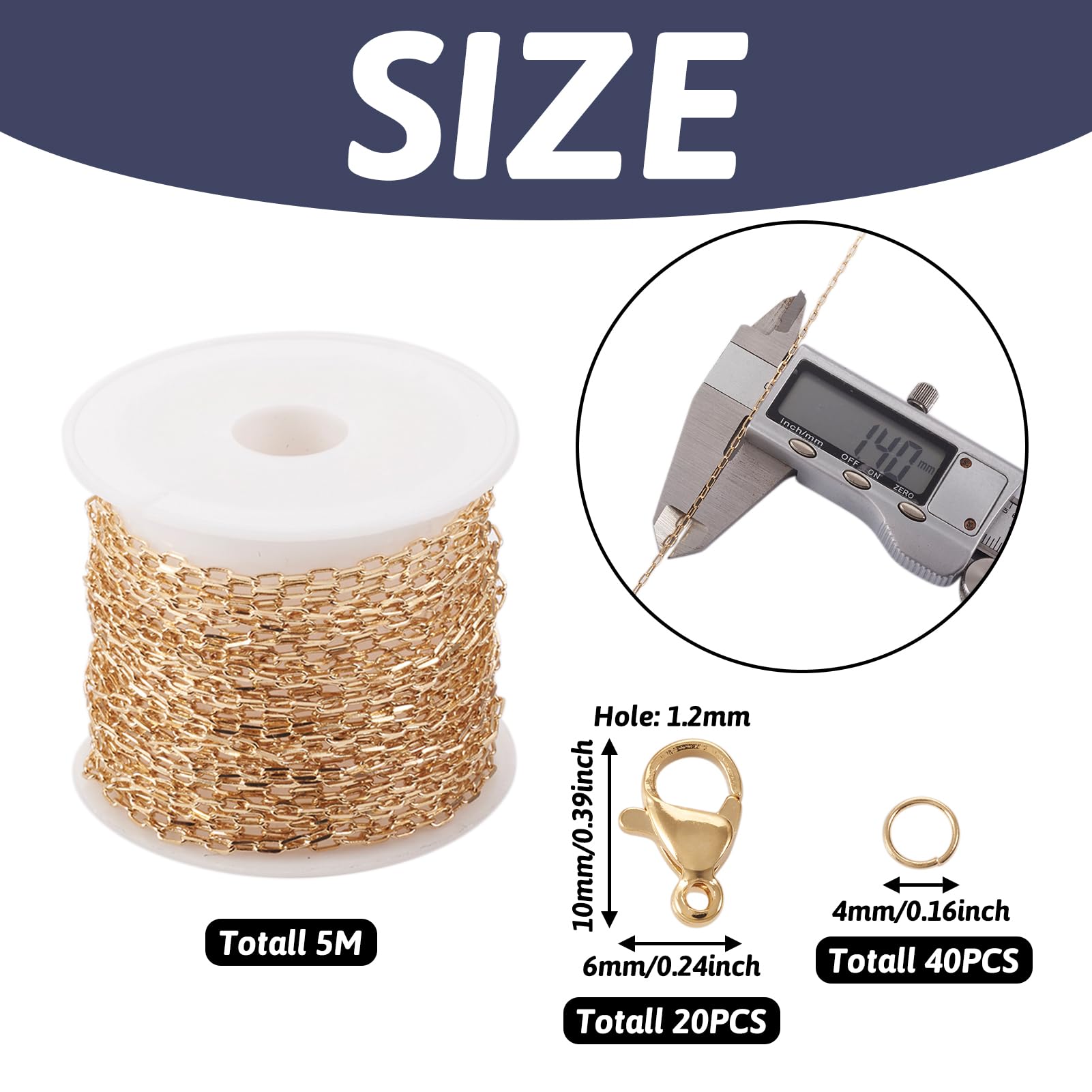 PandaHall 5m Gold Plated Necklace Chain Brass Cable Link Chains Oval Paperclip Chains with Lobster Claw Clasps Jump Rings for Jewelry Making - Image 3