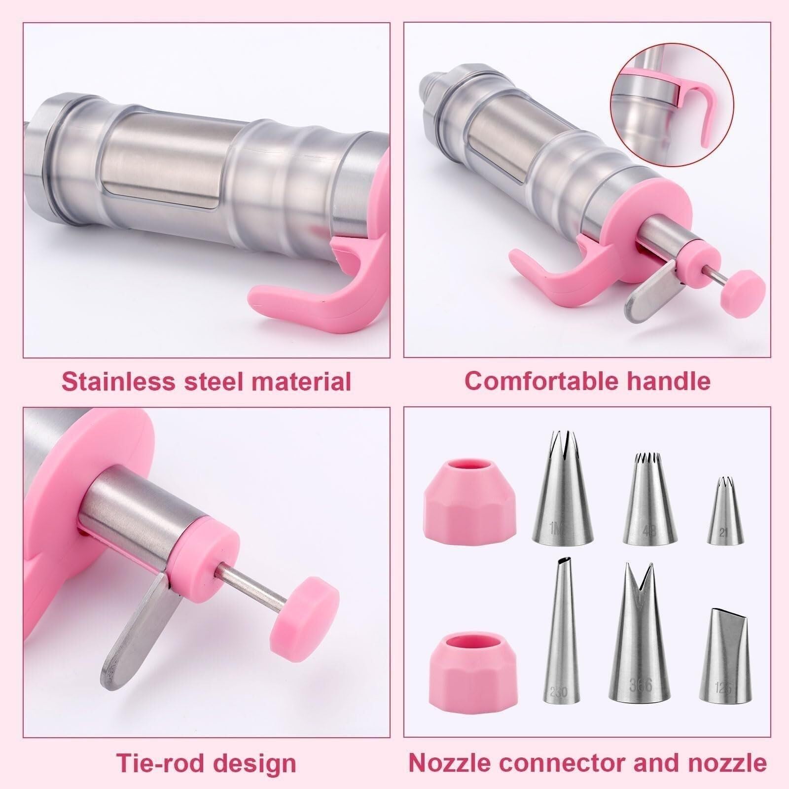 Juego de jeringas Decorativas, glaseado de Acero Inoxidable | Kit de tubería, contiene 1 pistola for tubería de acero inoxidable, 6 puntas for tubería, 2 convertidores boquillas