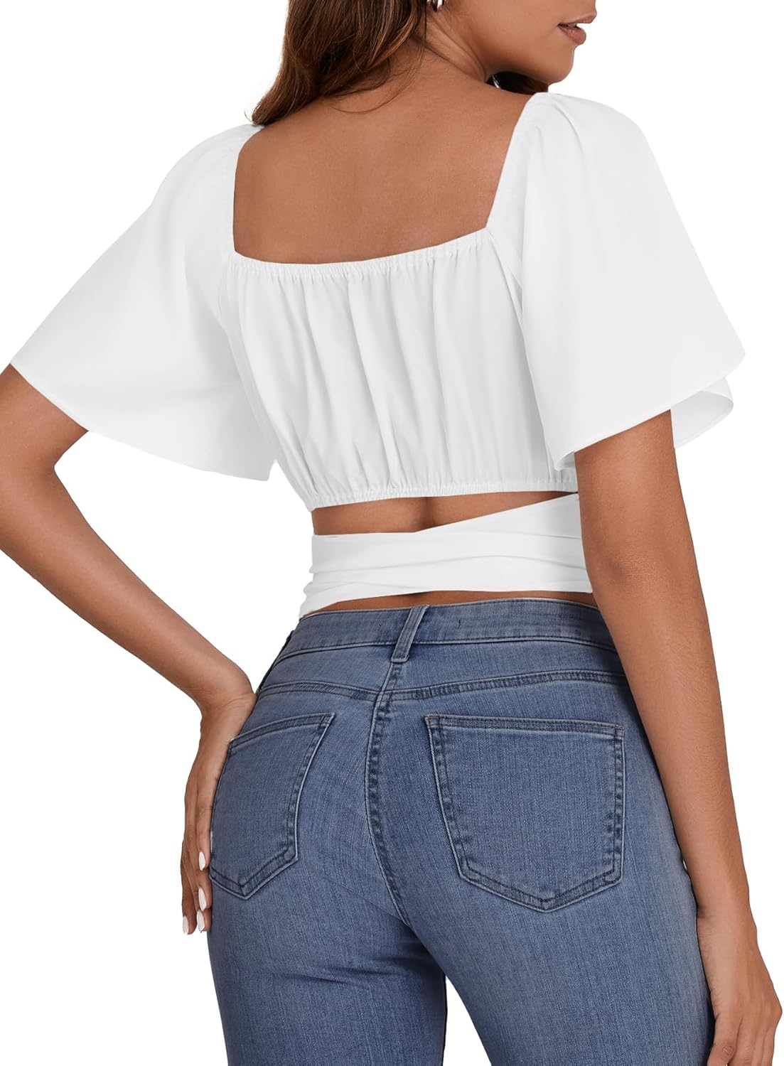 Rooscier Women's Ruched Wrap Ruffle Flare Square Neck Short Sleeve Self Tie Crop Top Blouse Solid White Small - Image 4
