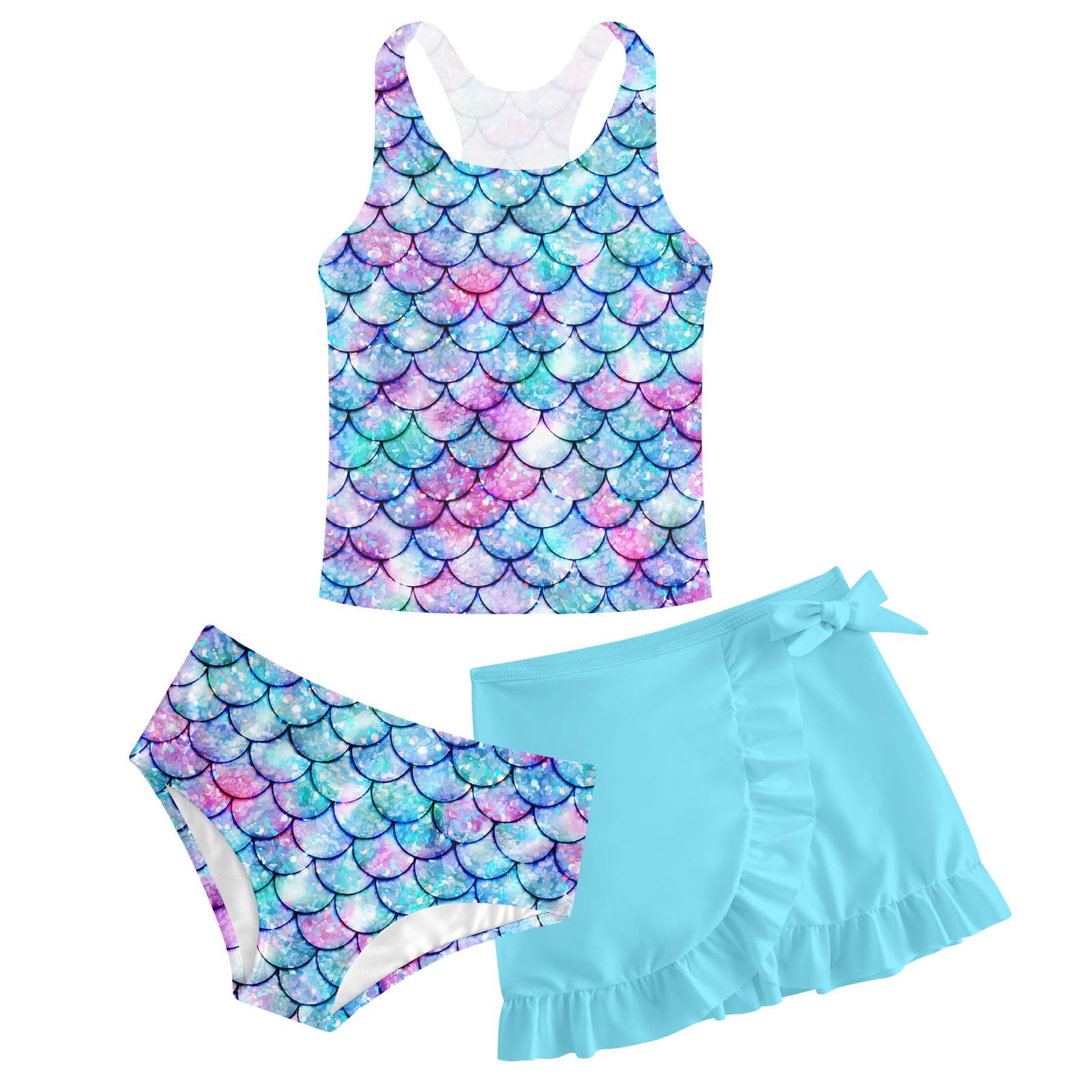 Girls Swimsuits 3 Piece Tankini Bathing Suit Set Cute Bikini Swimwear with Cover Ups Beach Skirt 5-16 Years