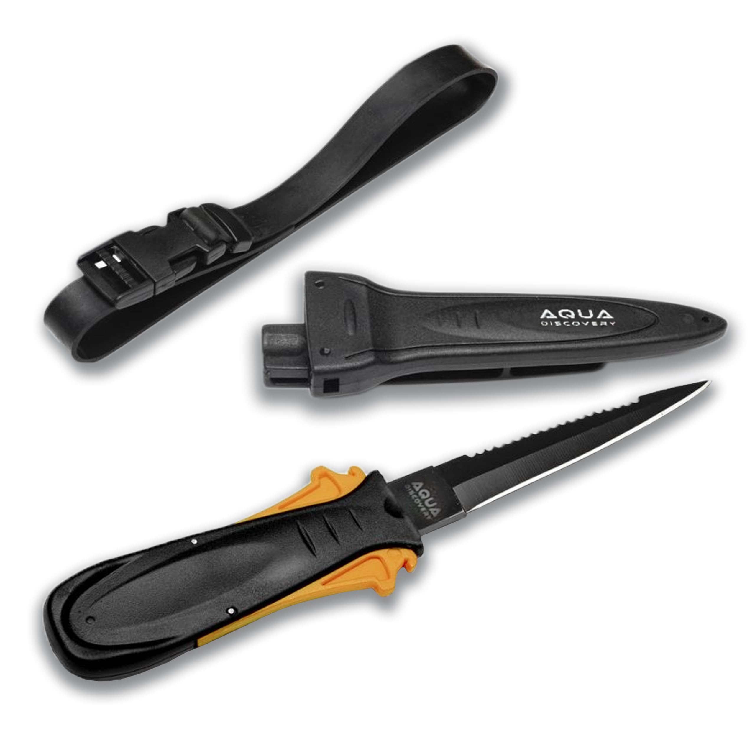 AquaDiscovery, Knife for Diving, Hunting, Blade Made of Steel AISI 420 Length, Knife With Sheath and Limb Mount, Black Anodized Coating. Blade 3.5in