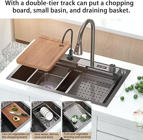 Miniatura 4 de Fregadero de cocina nano negro de acero inoxidable 304 con cascada de un solo cuenco, fregadero de cocina con carga superior multifuncional y grifo