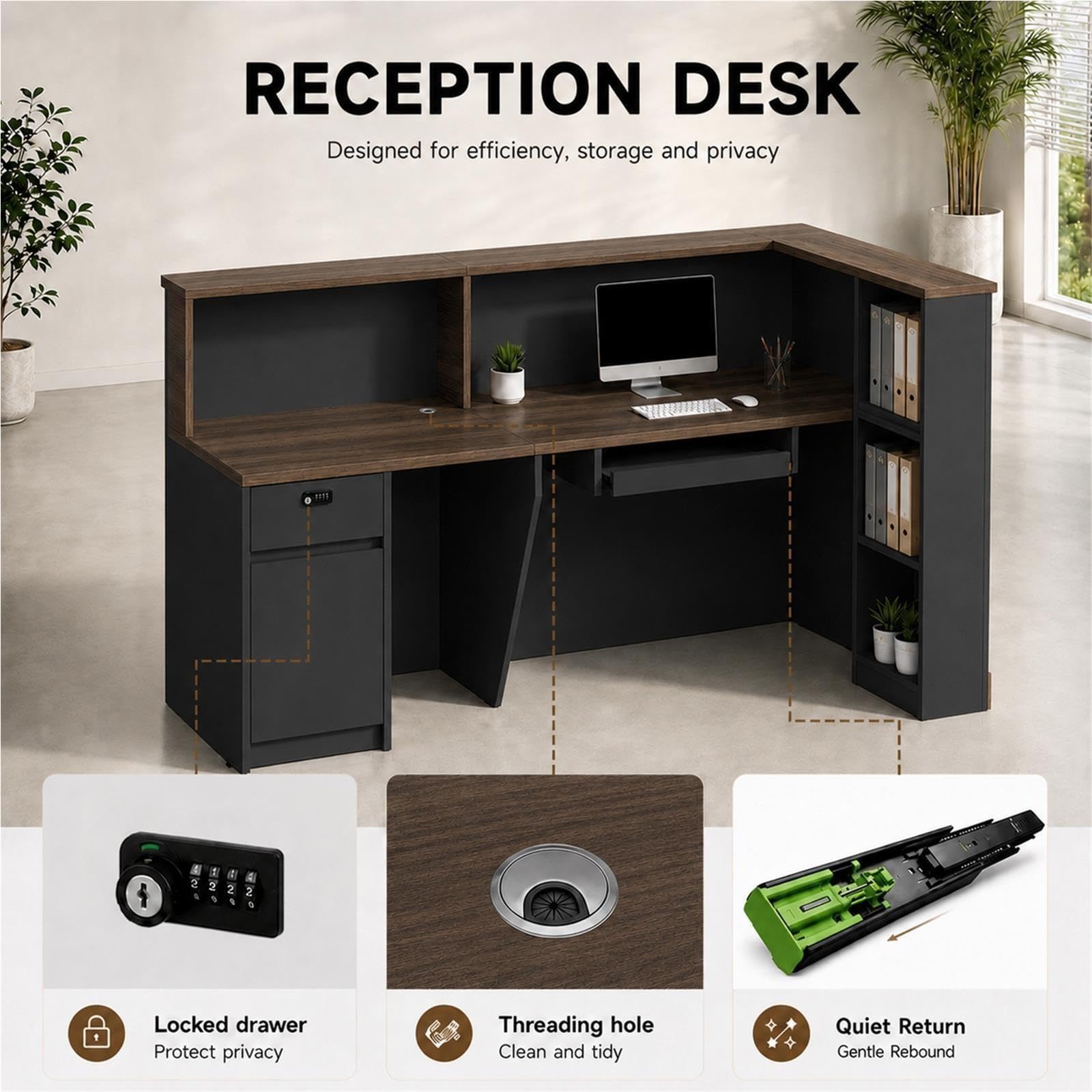 Banco Reception Moderno a L con Cassetto con Serratura, Vassoio Tastiera