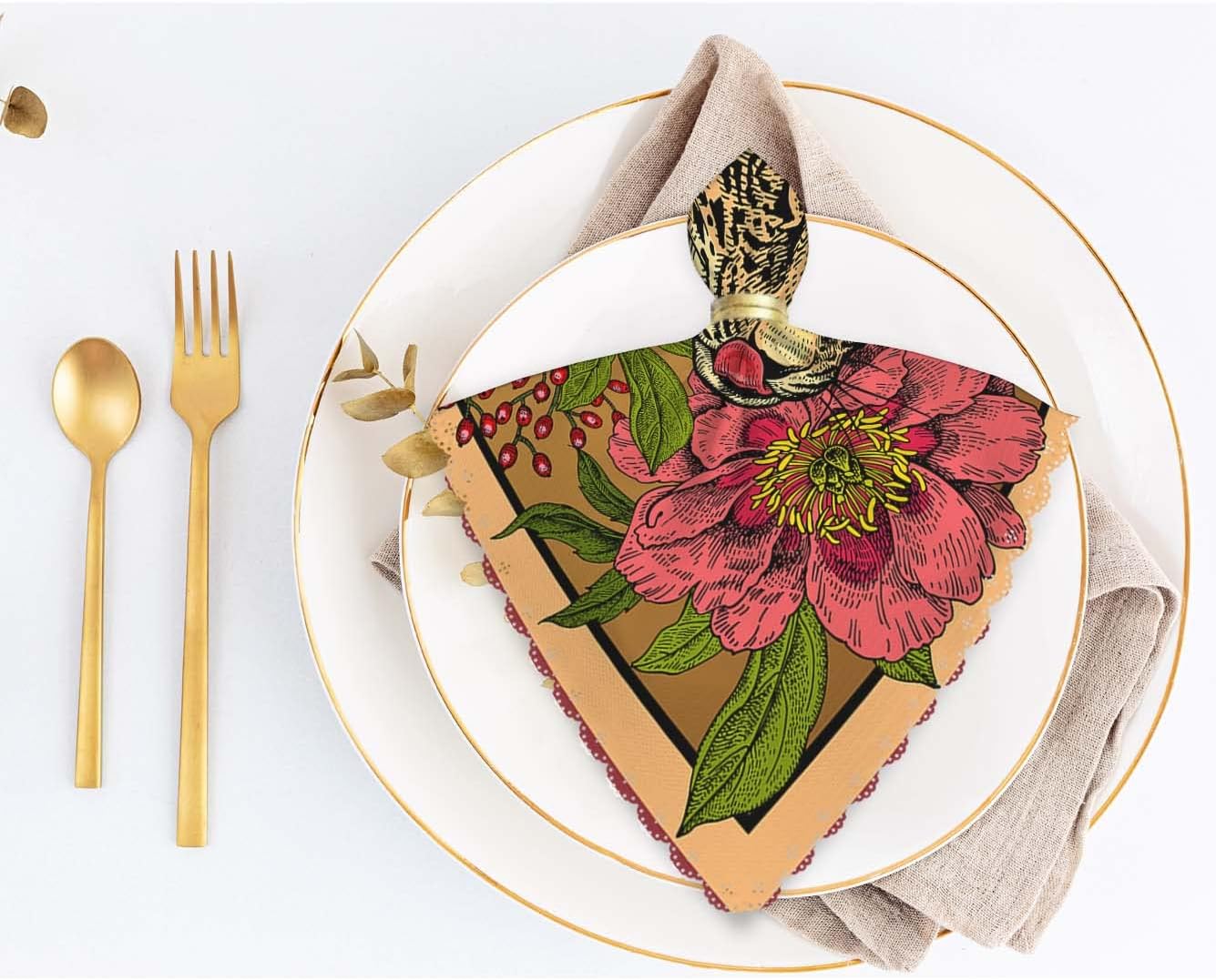 Yibeas Garden Peonies and Wild Leopard Cloth Napkins Set of 4 Vintage Red Floral and Leopard Art Pattern Polyester Kitchen Dinner Napkins for Holiday Festive Wedding Decor 18 x 18 inch