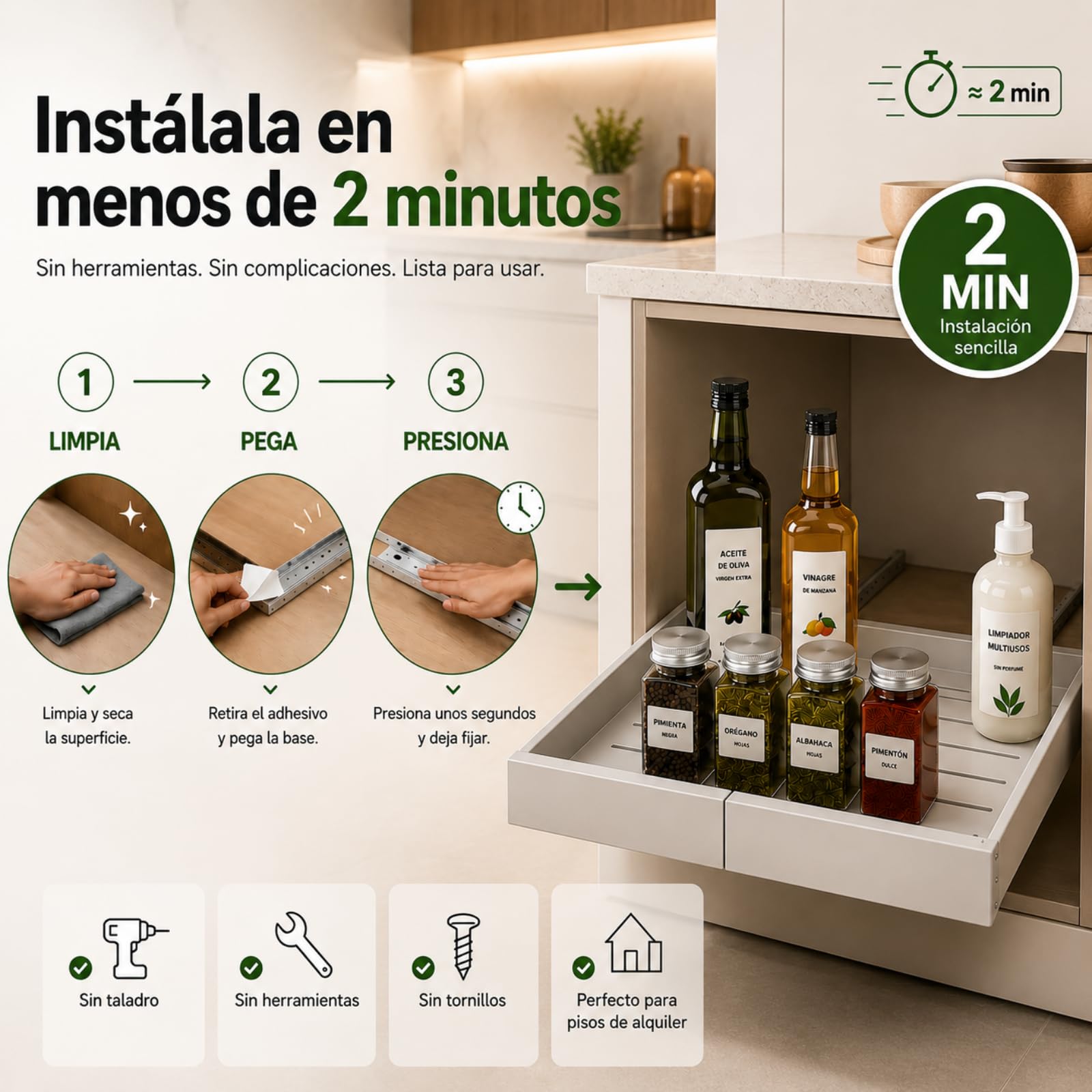 Cajones Extraibles para Cocina - Bandeja Extraíble Armario Cocina - Organizador Armario de Ancho Ajustable (32-52 cm) Para Almacenaje y Organizador en Hogar - Sin Taladrar (Blanco 52)