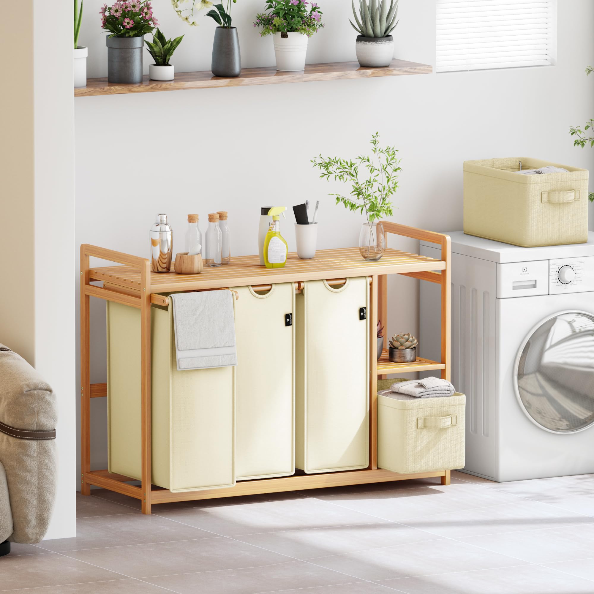 Wasmand - 2 vakken van elk 50 liter - 52x63x32 cm - bamboe | Leen Bakker
