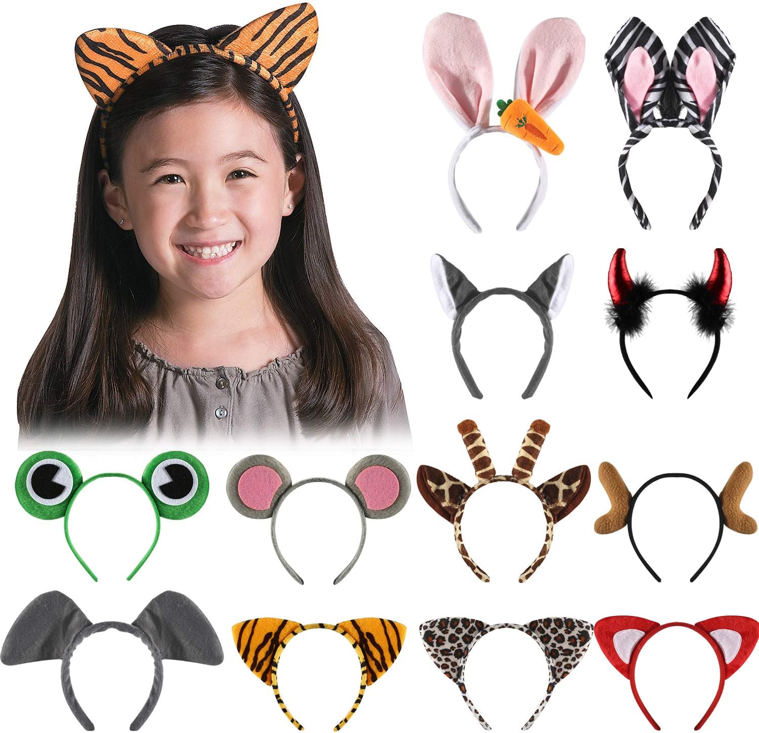 12 Pack Plush Animal Headbands for Kids Party, Jungle Animal Ear Hair Hoop | Animal horn headbands for Wild themes, ocean Party Supplies, Halloween Decoration, Dress-up, Birthdays for Kid and Adult