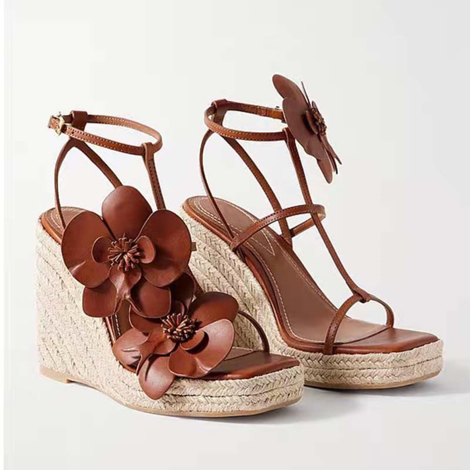 Sandalias de esparto con cuña mujer decoración floral tirante en T hebilla tobillo ajustable plataforma suela gruesa estilo boho playa vacaciones fiesta
