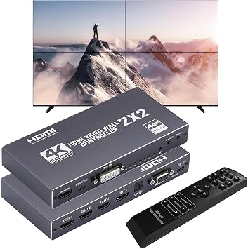 2x2 HDMI Video Wall Controller 4K HD Display 1920x1080P 60Hz HDMI DVI RS232 Video Input with IR Remote Control, Edge Edge, 90 /180 /270 Rotation Switch, 9 Display Modes 2x2/ 1x1/ 1x22/ 1x3/ 1x4/ 2x1