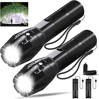 Rechargeable Flashlights High Lumens, 12000 Lumens Super Bright LED Flashlight with Chargers & ΒATTERIES, Powerful Handheld Waterproof Flashlights with 5 Modes for Camping/Emergency(2 Pack)