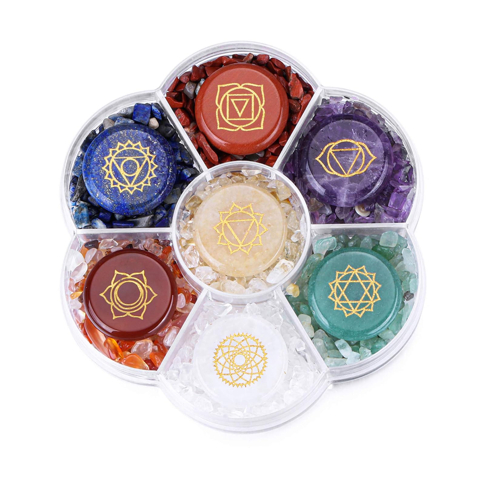 Tazweeq Chakra Crystal Stones, Natural Reiki Healing Crystal Gemstone, Engraved Chakra Symbol, Matte Polished Chakra Stone Set, Meditation Crystal Healing