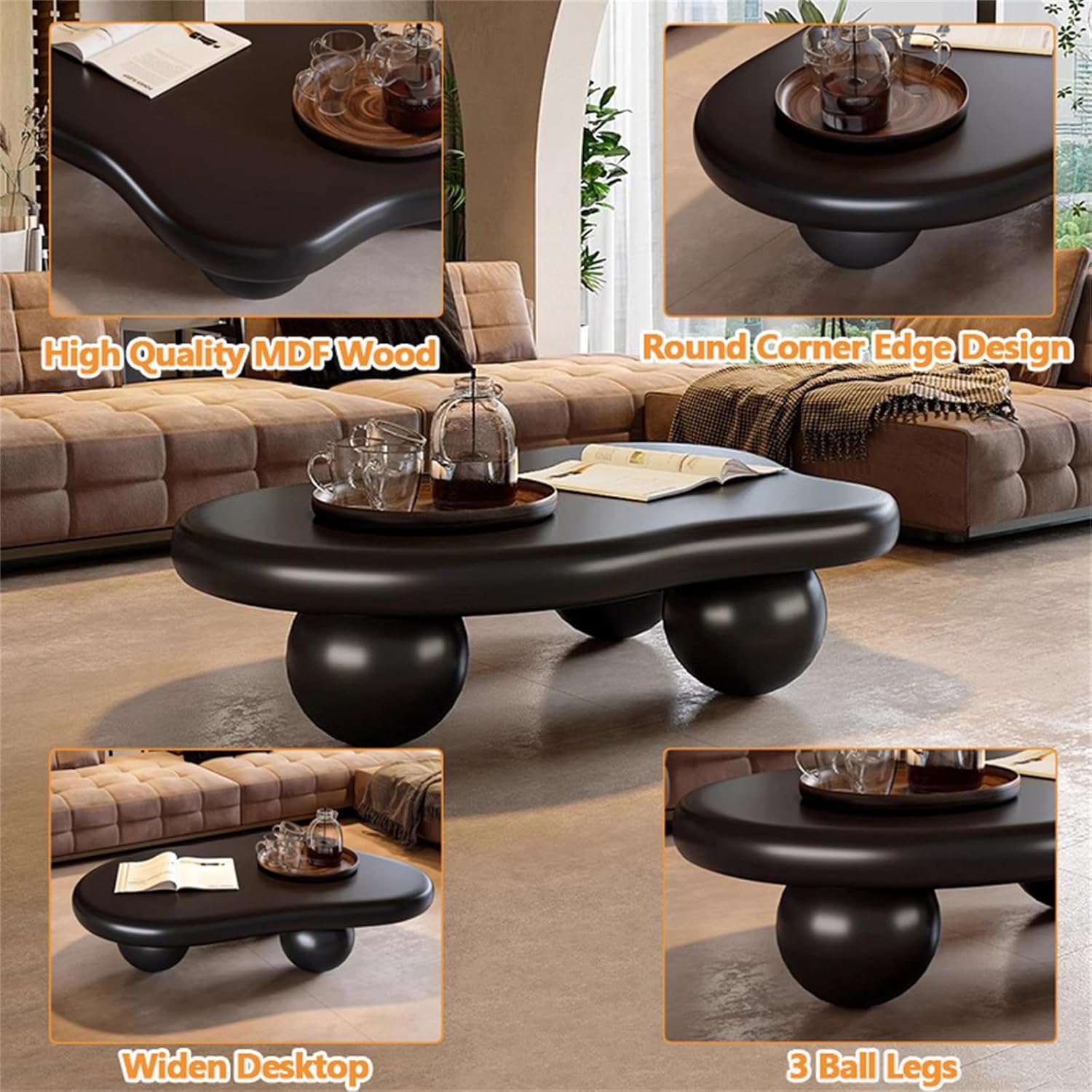 Cute Cloud Coffee Table, Modern Indoor Coffee Tables for Living Room, Easy Assembly, Round Edge Irregular Tea Table End Table, Funky Contemporary Low Coffee Table for Bedroom,Black Cloud,L47