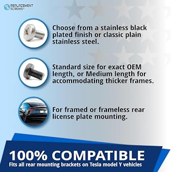 ReplacementScrews License Plate Screws Compatible with Tesla Model Y (My) | Black Plated, Stainless Steel License Plate Bolts, Standard Length, Rustproof, Rear Mount, Pack of 4