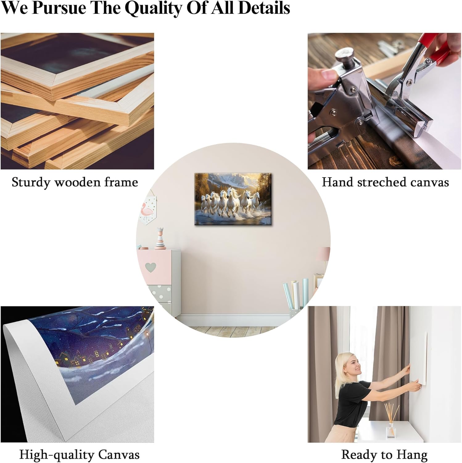 ANRUOXI Horse Pictures Wall Decor, 7 Running Horses Wall Art Vastu With Frame, Horse Posters Canvas Wall Art, Seven Horses Running Painting Vastu Shastra for Living Room Office Ready To Hang 12x18'' - Image 5