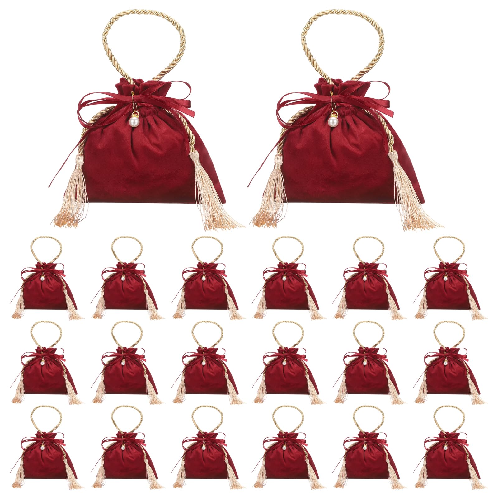 PATIKIL Velvet Drawstring Bags, (6.3 x 6.7 Inch, Dark Red/Yellow) (20 Pcs), Flannel Jewelry Bags with Pearl and Tassel Mini Candy Packaging Storage Pouches, Suit for - Wedding/Favor/Party