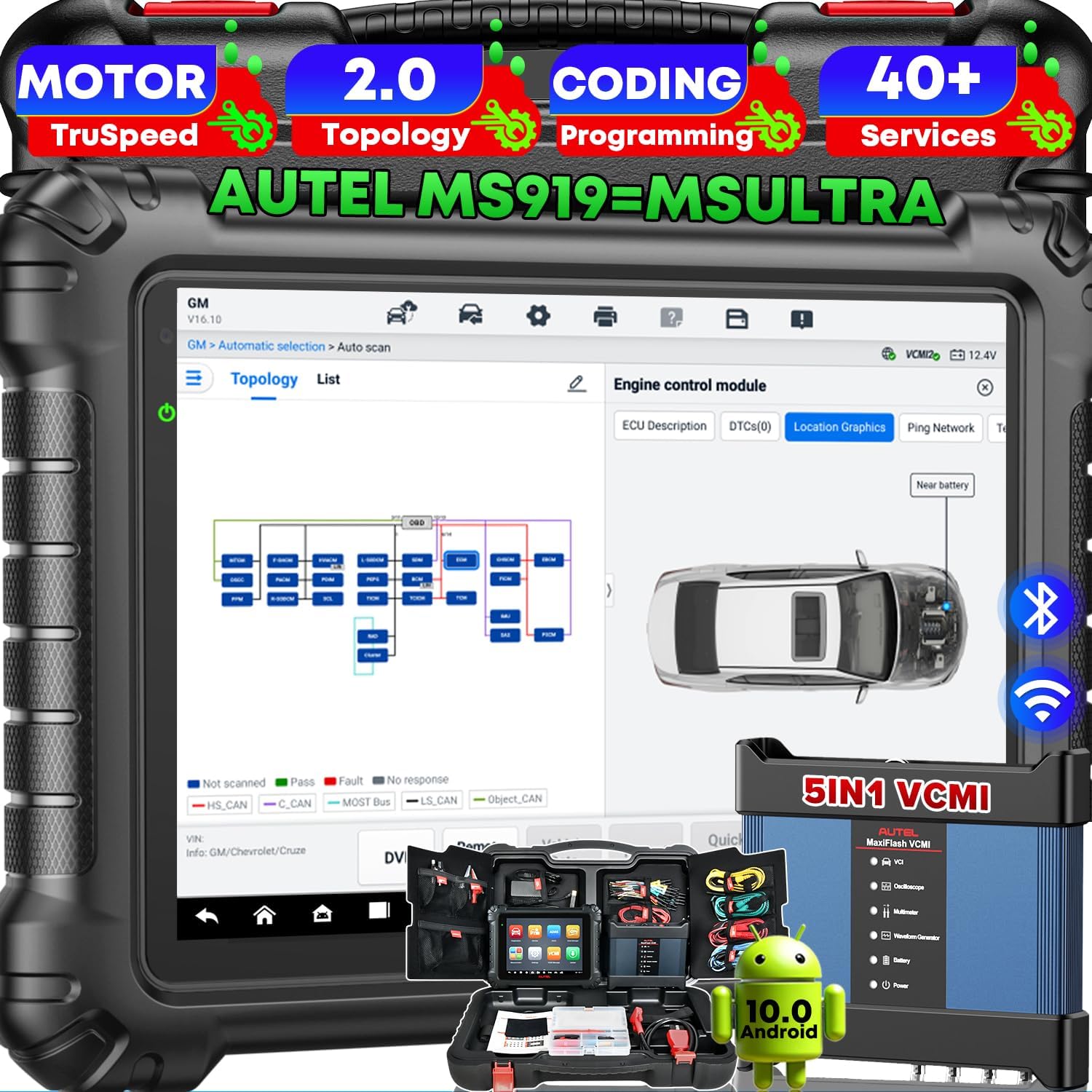 Autel MaxiSYS MS919 Top Intelligent Scanner, VCMI Topology 2.0 as MSUltra, OE-Level J2534 Programming Coding, Motor TruSpeed, Up of MS909 Elite 2 PRO Ultra Lite 40+ Services 3000+ Tests CANFD DoIP