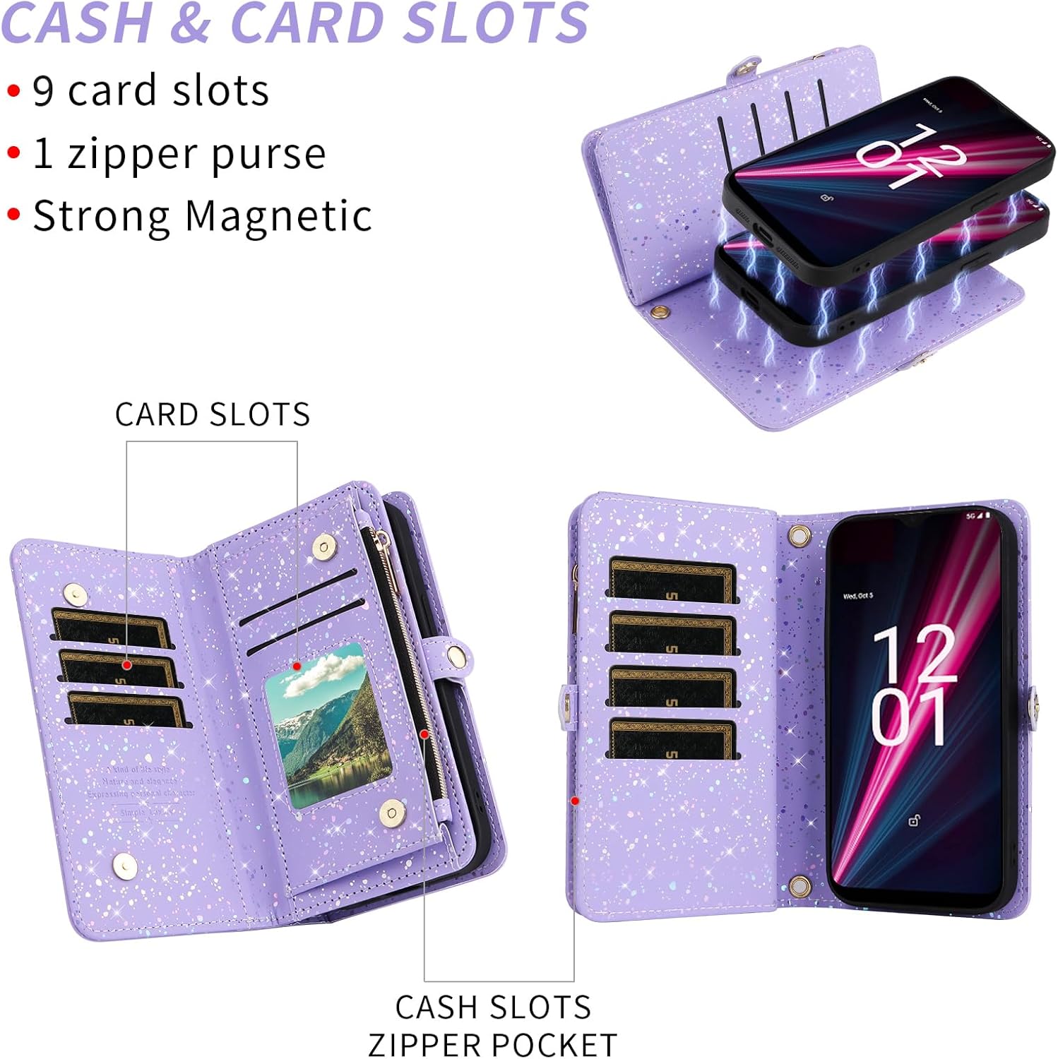 Phone Case for T-Mobile Revvl 6 Pro/6X Pro 5G Zipper Wallet Magnetic Detachable Cover with Screen Protector and Glitter Card Holder Slot Stand Cell Tmobile Revel X Tmo Revell T Mobile Rebel TCL Purple