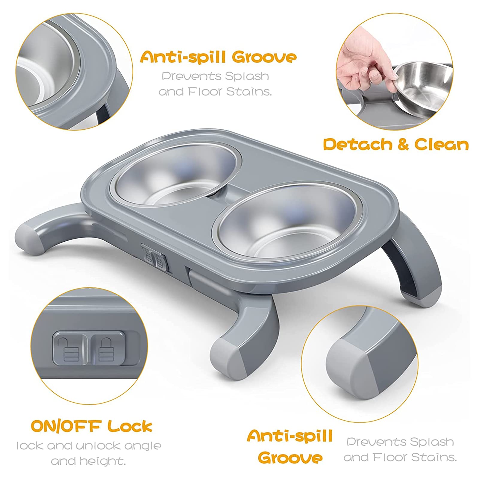 Comedero Para Gatos Perros Elevados,Alturas Ajustables,Comedero Y Bebedero Para Mascotas Con Extraíbles Doble Del Acero Inoxidable Cuencos De Agua Para Golosinas Para Cachorros Gatos Perros ,Gris