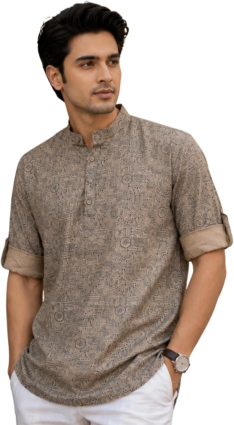 Majestic Man Men's Cotton Regular Fit Short Printed Designer Kurta