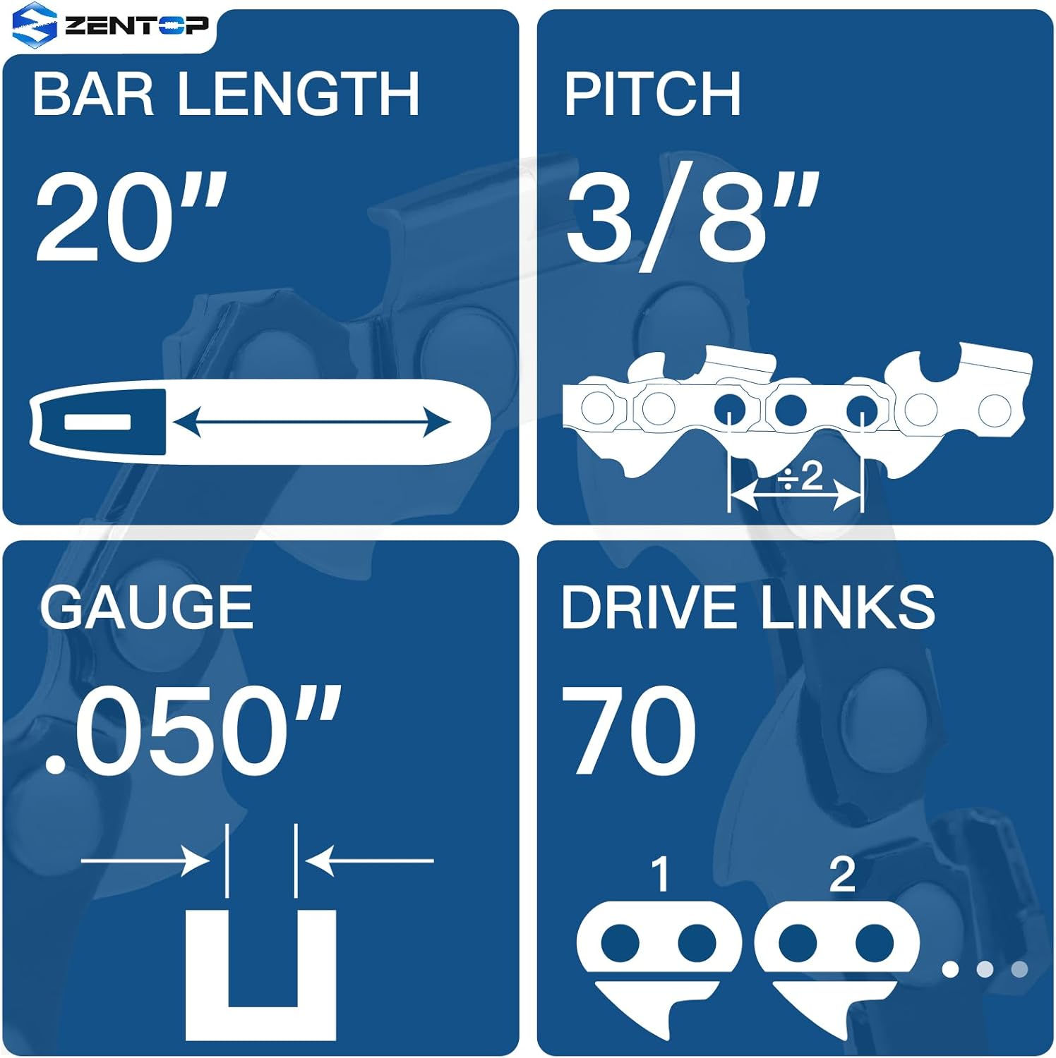 20 Inch Chainsaw Chain, 3/8" Pitch .050" Gauge 70 Drive Links, Germany Steel Anti-Kickback Replacement for Poulan PR5020, Echo CS590, CS600P, 2-Pack