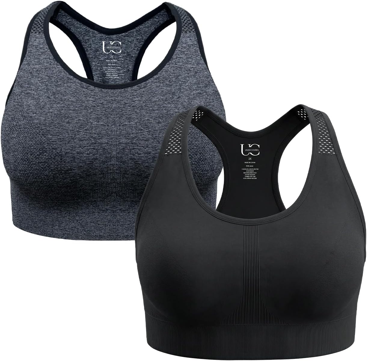 Under Control Plus Size Sport Bras for Women Large Bust Seamless Racerback Padded Yoga Workout Bras Black White Pack 1X-2X-3X